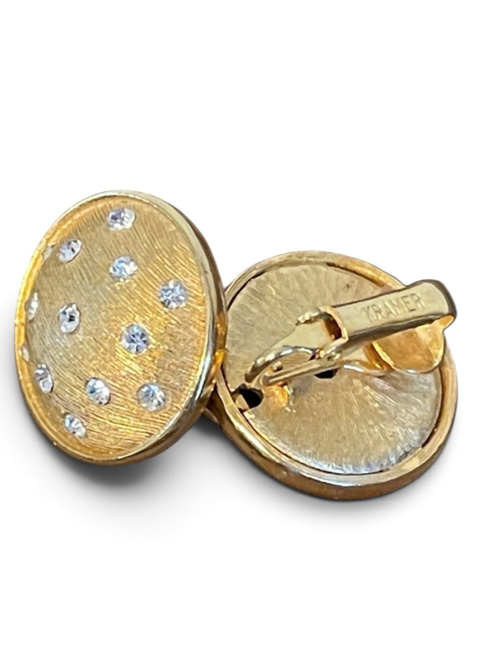 Vintage Kramer Brushed Gold & Crystal Clip-on Earrings